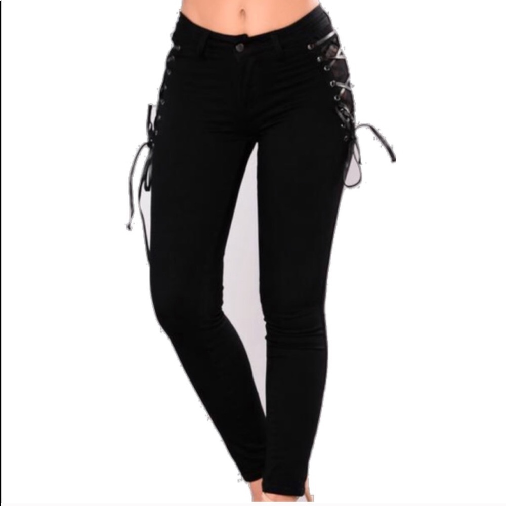 Black fashion Nova jeans with lace up sides